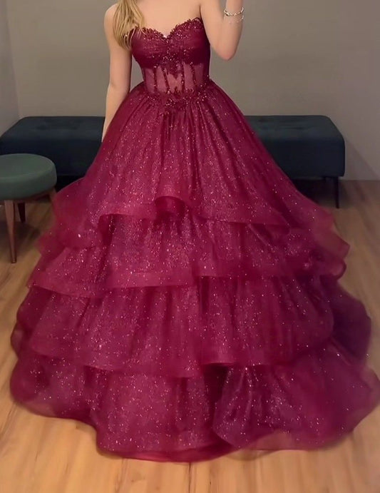 Modest Ball Gown Sweetheart Sequin Burgundy Long Prom Dresses Inspiration Trending Prom Gowns Formal Prom Dress B265