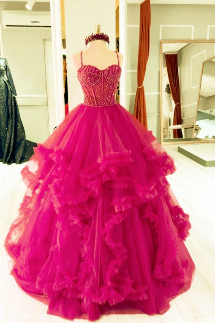 Modest Ball Gown Straps Hot Pink Tulle Long Quinceanera Dresses Sexy Evening Gowns Sweet 16 Dress B266