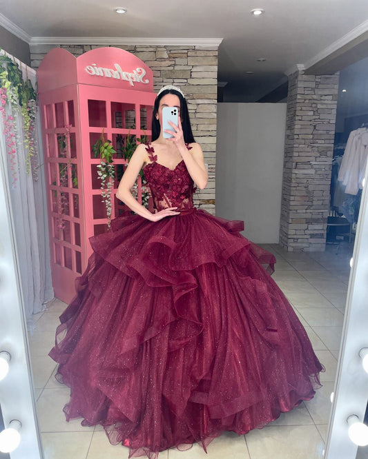 Classy Ball Gown Spaghetti Straps Burgundy Appliques Lace Long Prom Dresses Inspiration Trending Prom Gowns Formal Prom Dress