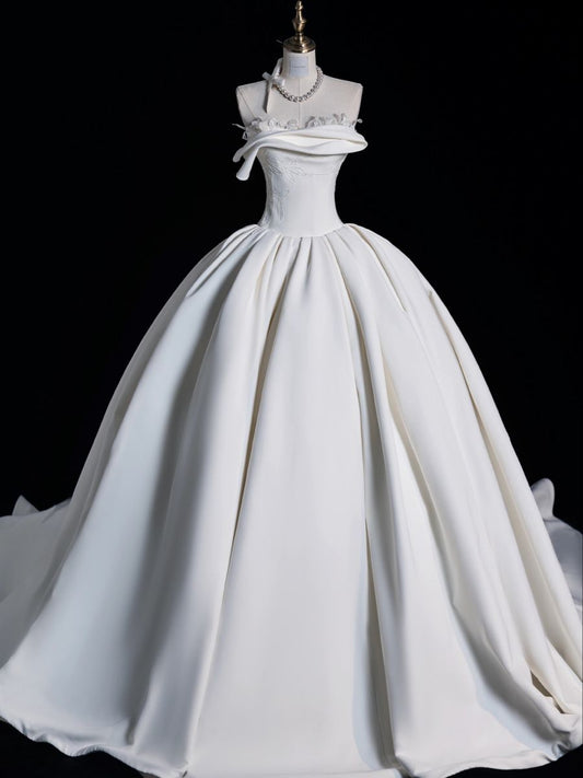 Simple Ball Gown Strapless Neck White Satin Long Wedding Dress Fairy Formal Brides Gown Wedding Dresses B27
