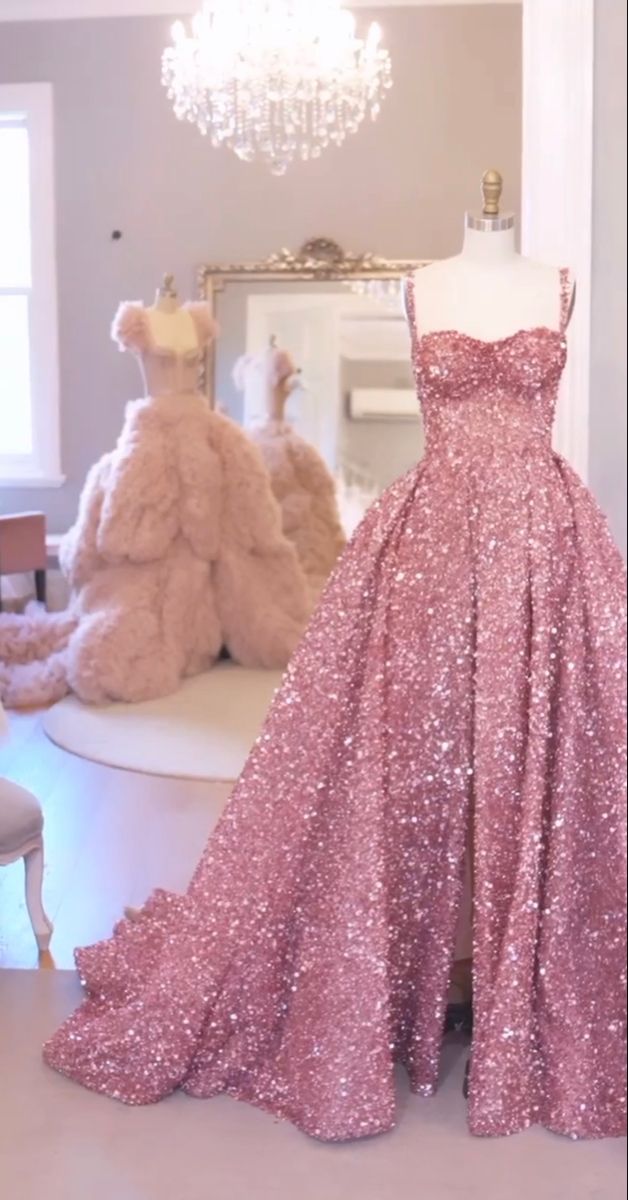 Princess Ball Gown Spaghetti Straps Pink Sequin Long Prom Dresses Inspiration Sparkle Evening Gowns Formal Prom Dress B273