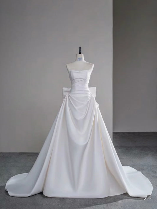 Simple Mermaid Strapless Neck White Satin Long Wedding Dress Fairy Formal Brides Gown Wedding Dresses B28