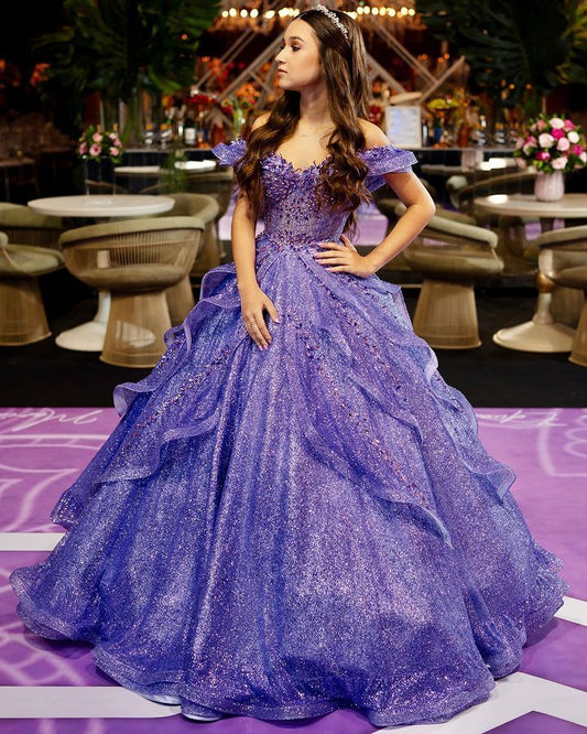 Quinceanera Dresses Ball Gown Off The Shoulder Grape Sparkly Birthday Prom Gowns Vestidos De 15 Anos Formal Party Long Sweet 15 16 Dress B280