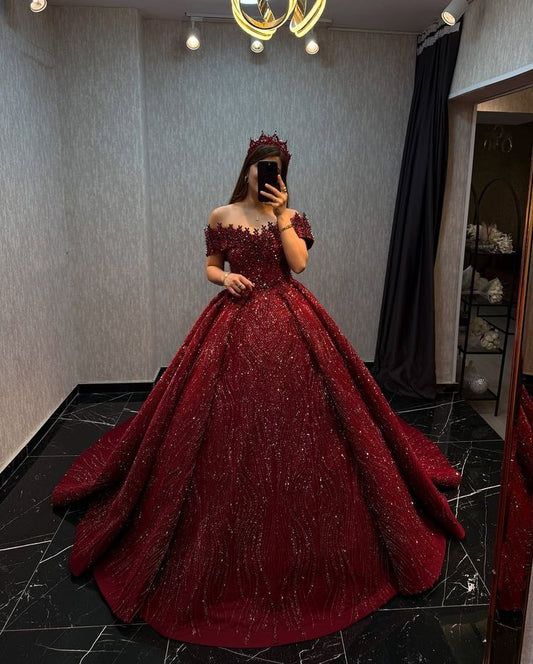 Modest Ball Gown Off The Shoulder Burgundy Sequin Long Quinceanera Dresses Birthday Outfits Gowns Sweet 15 16 Dress B282