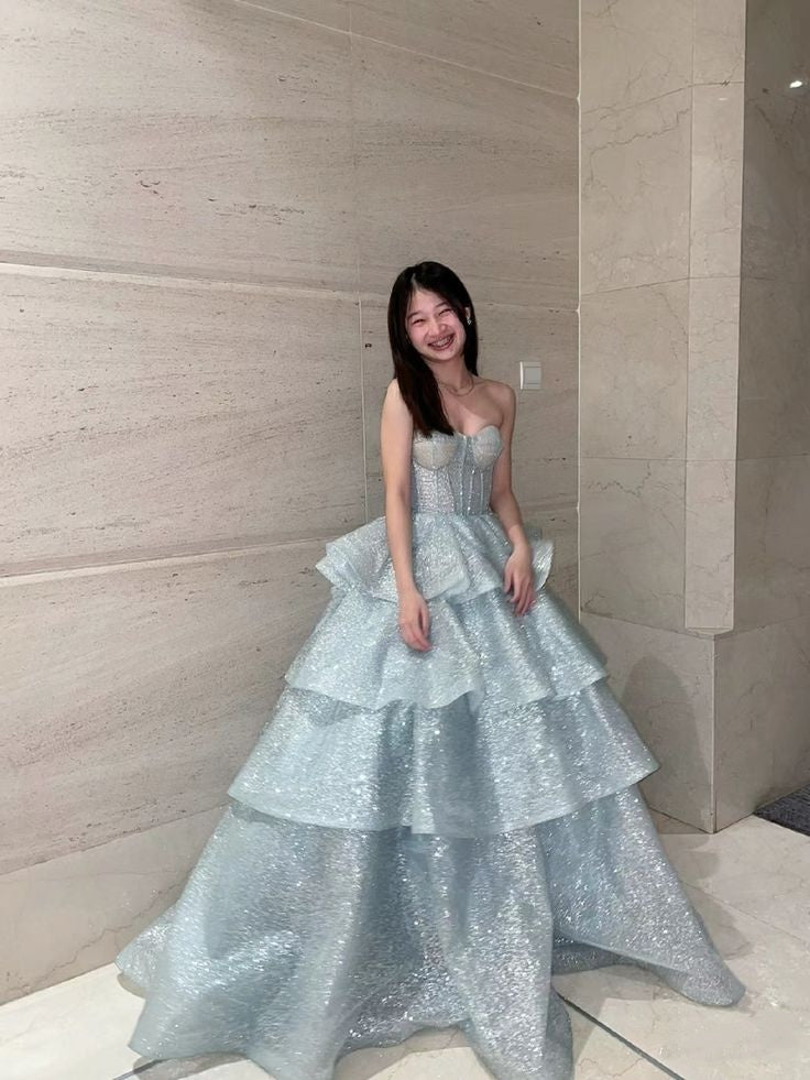 Modest Ball Gown Sweetheart Sequin Light Sky Blue Long Prom Dresses Inspiration Trending Evening Gowns Formal Prom Dress B287