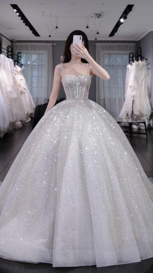 Vintage Ball Gown Spaghetti Straps White Sequin Long Wedding Dress Fairy Formal Wedding Dresses B288