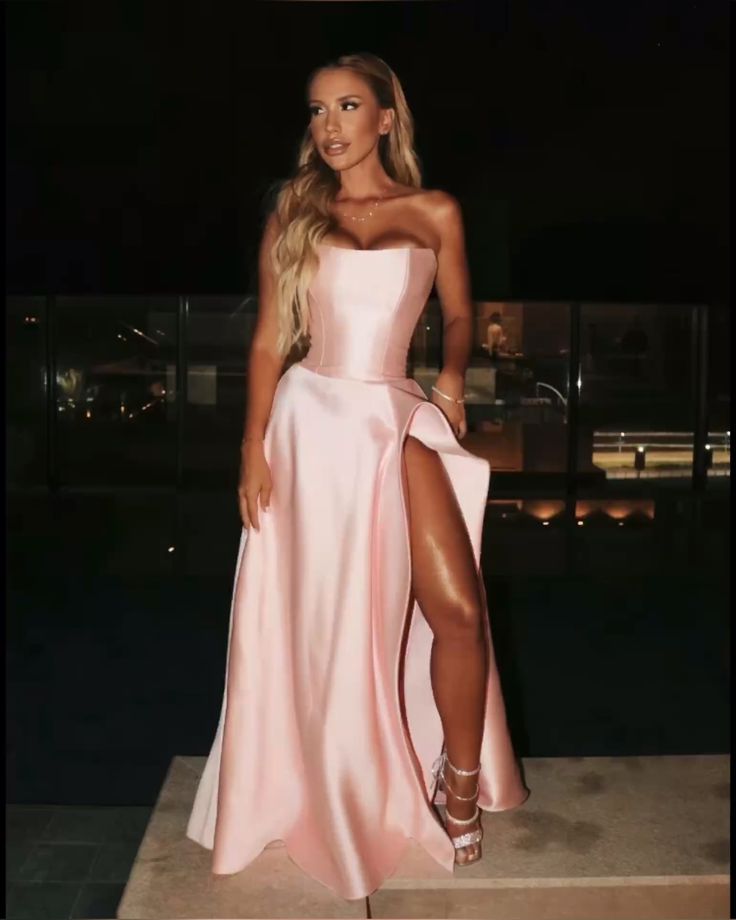Sexy A line Strapless Satin Pink Slit Long Prom Dresses Inspiration Trending Evening Gowns Formal Prom Dress B289