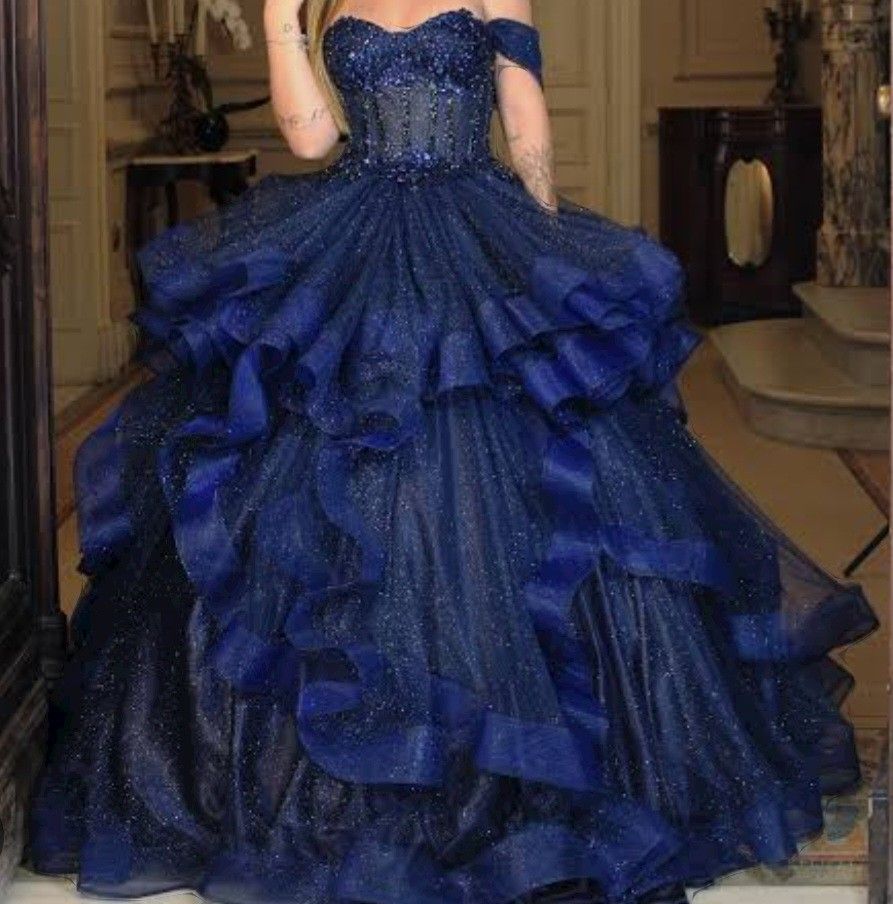 Beautiful Ball Gown Off The Shoulder Tulle Navy Blue Prom Dresses Inspiration Prom Dress Princess Graduation Dress B292