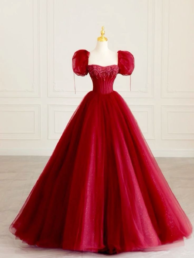 Beautiful Ball Gown Square Neck Red Tulle Prom Dresses Inspiration Prom Dress Long Graduation Dress B295