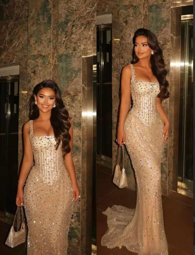 Sparkly Mermaid Square Neck Champagne Sequins Senior Prom Dresses High School Long Formal Dress N1320