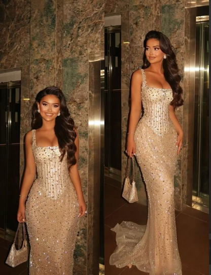 Sparkly Mermaid Square Neck Champagne Sequins Senior Prom Dresses High School Long Formal Dress N1320