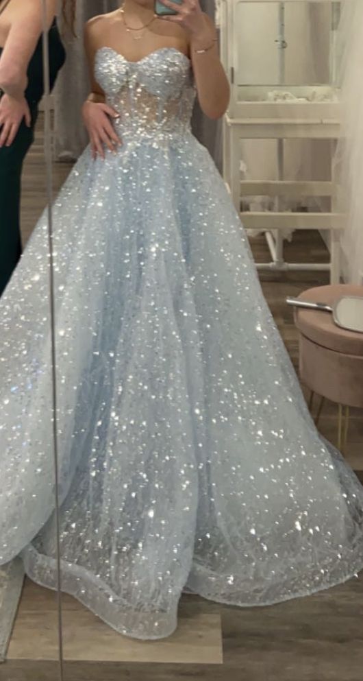 Sparkly Ball Gown Sweetheart Sequin Light Sky Blue Prom Dresses Inspiration Prom Dress Princess Graduation Dress B301