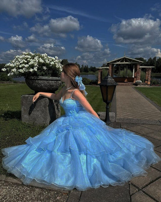 Princess Ball Gown Spaghetti Straps Light Sky Blue Long Prom Dresses Inspiration Trending Evening Gowns Formal Prom Dress B304