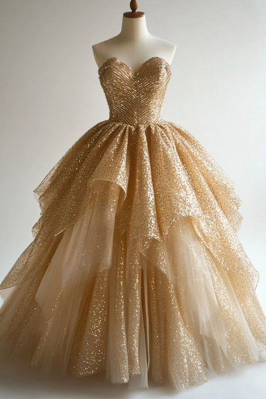 Gold Quinceanera Dresses Ball Gown Sweetheart Sparkly Birthday Prom Gowns Vestidos De 15 Anos Formal Party Long Sweet 15 16 Dress B310