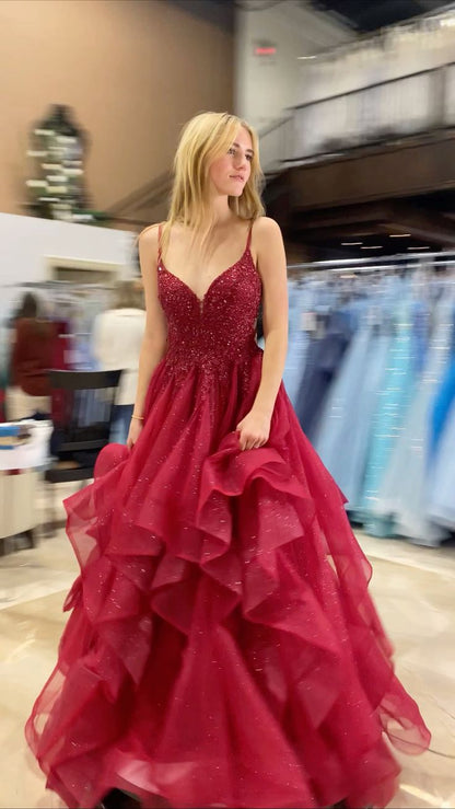 Elegant Ball Gown Spaghetti Straps Burgundy Layers Long Prom Dresses Inspiration Trending Evening Gowns Formal Prom Dress B312