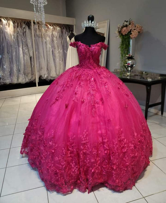 Modest Quinceanera Dresses Ball Gown Off The Shoulder Hot Pink Birthday Gowns Vestidos De 15 Anos Formal Party Long Sweet 15 16 Dress B315