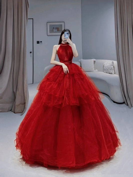 Red Quinceanera Dresses Ball Gown High Neck Tulle Birthday Prom Gowns Vestidos De 15 Anos Formal Party Long Sweet 15 16 Dress B317