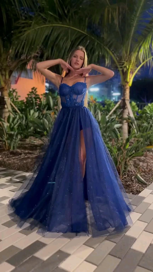 Elegant Ball Gown Spaghetti Straps Royal Blue Tulle Long Prom Dresses Inspiration Trending Evening Gowns Formal Prom Dress B322