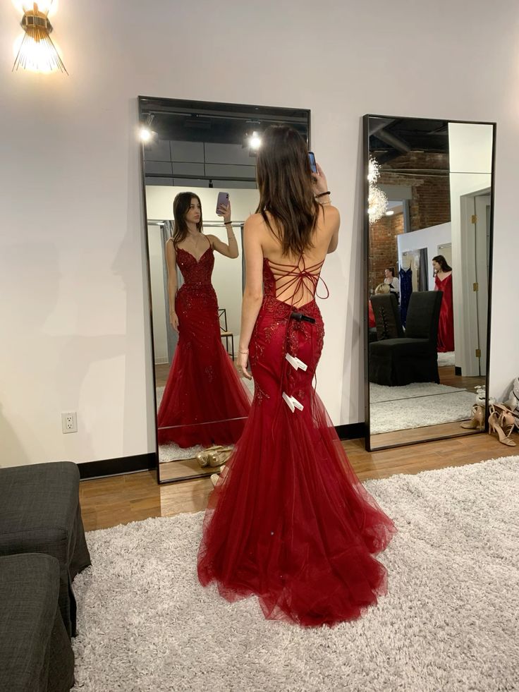 Beautiful Mermaid Spaghetti Straps Burgundy Lace Tulle Prom Dresses Inspiration Prom Dress Princess Graduation Dress B337