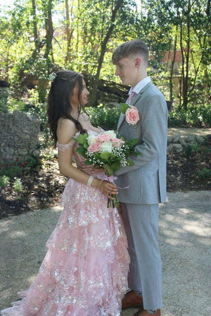 Beautiful Ball Gown Off The Shoulder Pink Lace Slit Prom Dresses Inspiration Prom Dress Princess Graduation Dress B339