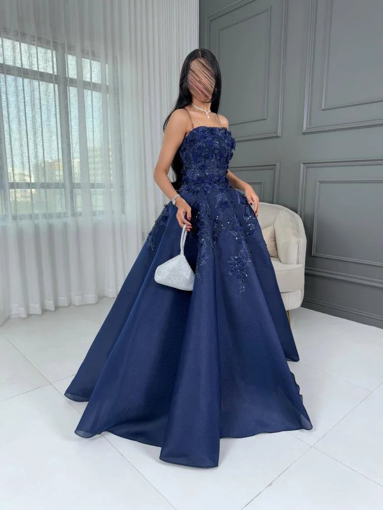 Elegant Ball Gown Strapless Navy Blue Lace Tulle Long Prom Dresses Inspiration Trending Evening Gowns Formal Prom Dress B340