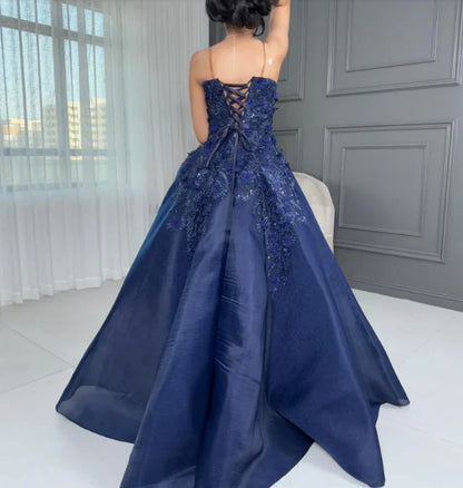 Elegant Ball Gown Strapless Navy Blue Lace Tulle Long Prom Dresses Inspiration Trending Evening Gowns Formal Prom Dress B340