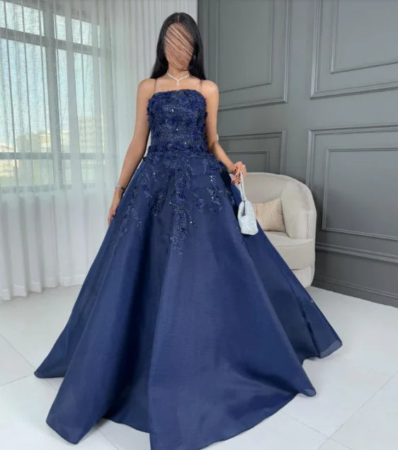 Elegant Ball Gown Strapless Navy Blue Lace Tulle Long Prom Dresses Inspiration Trending Evening Gowns Formal Prom Dress B340