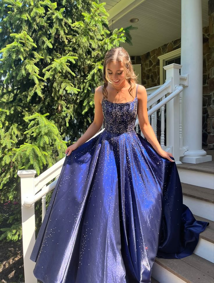 Cute Ball Gown Spaghetti Straps Navy Blue Long Prom Dresses Inspiration Stunning Evening Gowns Formal Prom Dress B341