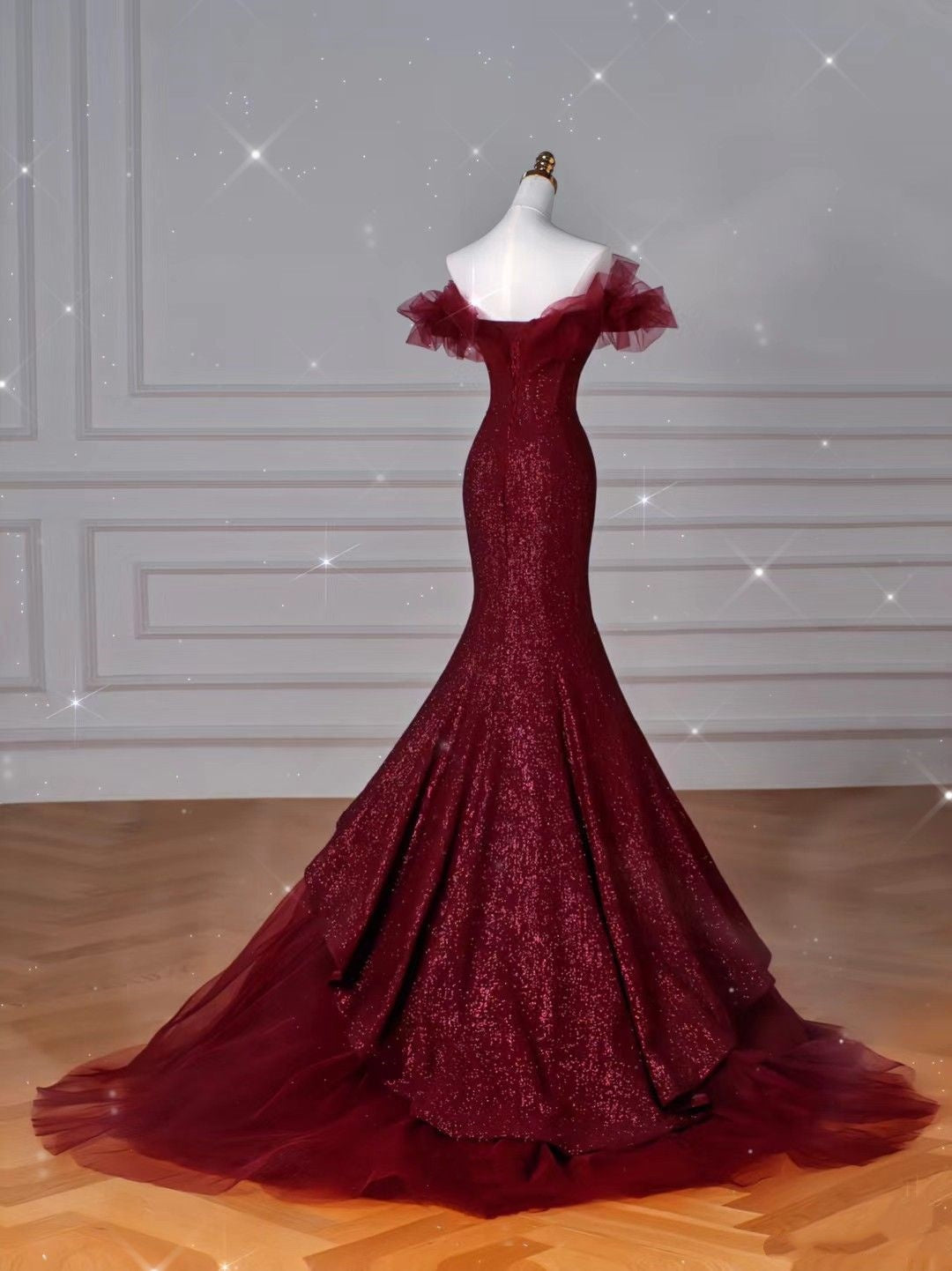Elegant Mermaid Off The Shoulder Burgundy Tulle Long Prom Dresses Inspiration Trending Evening Gowns Formal Prom Dress B342