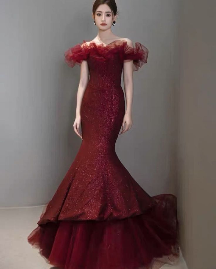 Elegant Mermaid Off The Shoulder Burgundy Tulle Long Prom Dresses Inspiration Trending Evening Gowns Formal Prom Dress B342