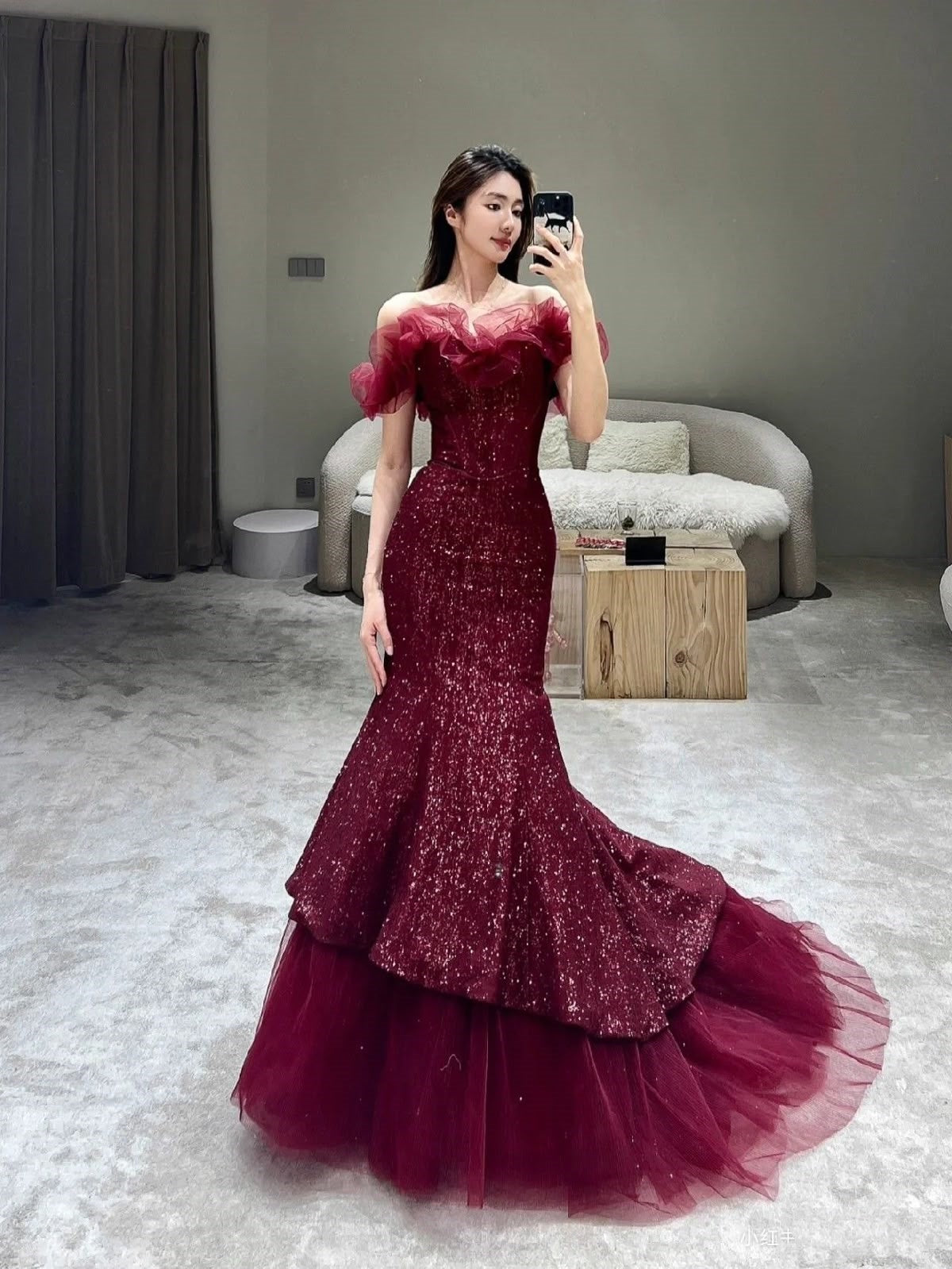 Elegant Mermaid Off The Shoulder Burgundy Tulle Long Prom Dresses Inspiration Trending Evening Gowns Formal Prom Dress B342