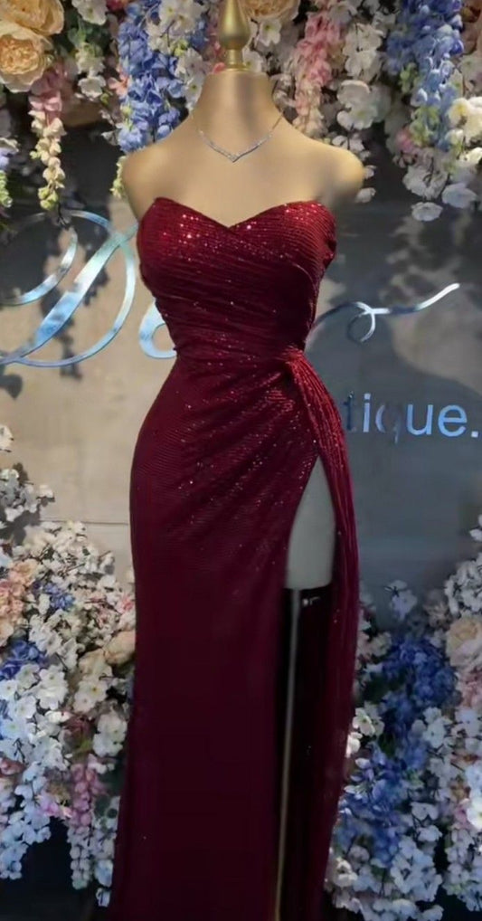 Elegant Mermaid Sweetheart Slit Burgundy Sequin Long Prom Dresses Inspiration Trending Evening Gowns Formal Prom Dress B344