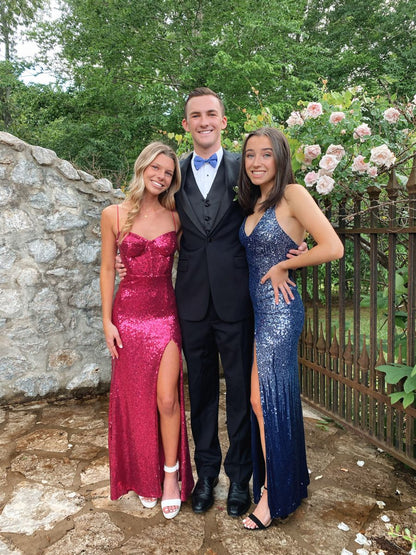 Elegant Mermaid Spaghetti Straps Hot Pink Sequin Long Prom Dresses Inspiration Trending Evening Gowns Formal Party Prom Dress B350