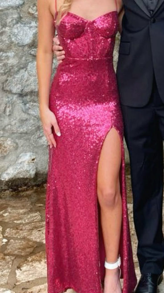 Elegant Mermaid Spaghetti Straps Hot Pink Sequin Long Prom Dresses Inspiration Trending Evening Gowns Formal Party Prom Dress B350