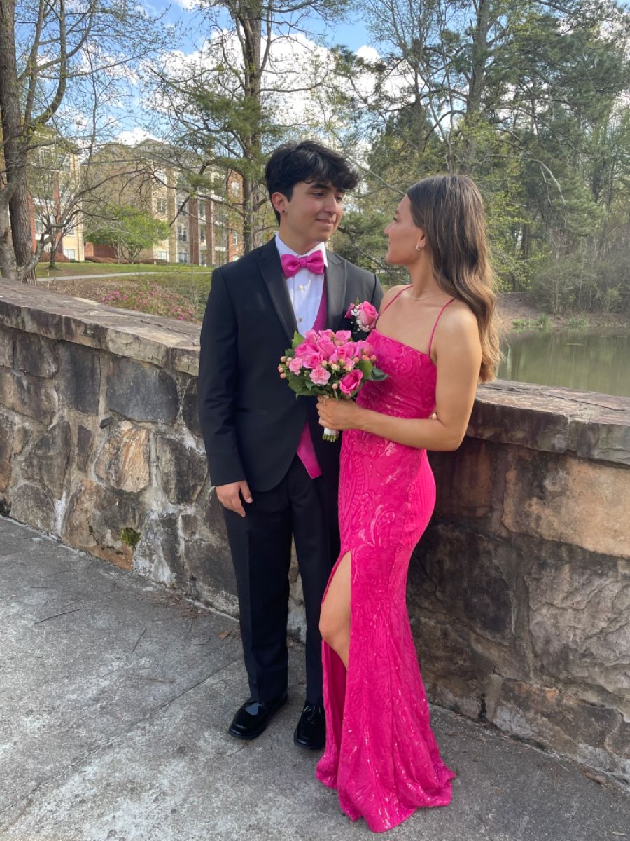 Elegant Mermaid Spaghetti Straps Hot Pink Sequin Long Prom Dresses Inspiration Trending Evening Gowns Formal Party Prom Dress B351