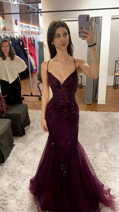 Sexy Mermaid Spaghetti Straps Burgundy Lace Tulle Prom Dresses Inspiration Prom Dress Princess Graduation Dress B355