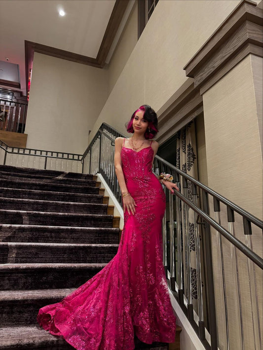 Modest Mermaid Spaghetti Straps Pink Lace Prom Dresses Inspiration Sparkly Birthday Dress Princess Graduation Dress B359