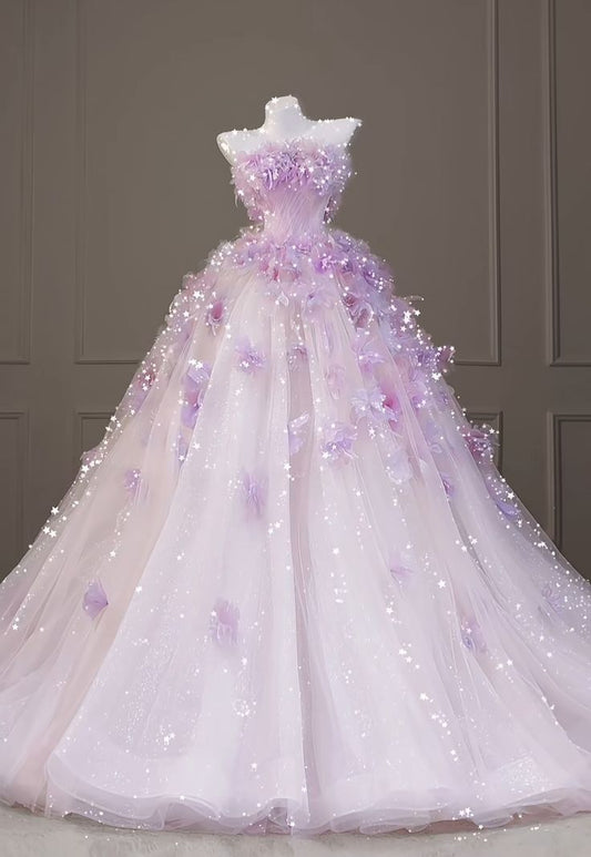 Sweet Strapless Ball Gown Floral Tulle Long Lilac Quinceanera Dress Gorgeous Quinceanera Dresses Sweet 15 16 Dress B36