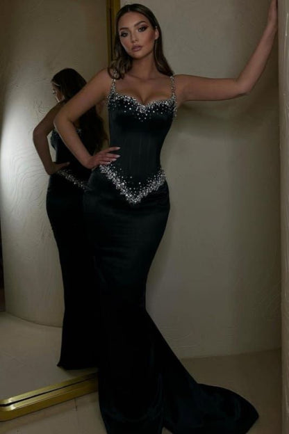 Modest Mermaid Spaghetti Straps Black Prom Dresses Inspiration Sparkly Birthday Dress Princess Graduation Dress B360