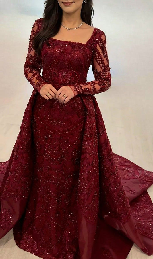 Elegant Mermaid Square Neck Long Sleeves Burgundy Sequin Long Prom Dresses Inspiration Trending Evening Gowns Formal Party Prom Dress B362