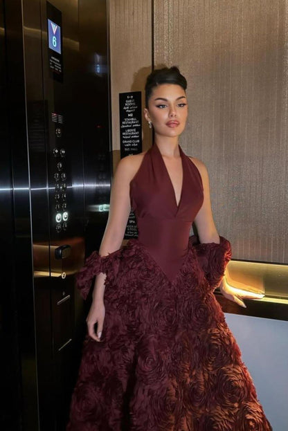 Modest Ball Gown Halter Burgundy Floral Satin Long Prom Dresses Inspiration Prom Gowns Formal Prom Dress B368