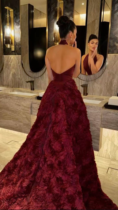 Modest Ball Gown Halter Burgundy Floral Satin Long Prom Dresses Inspiration Prom Gowns Formal Prom Dress B368