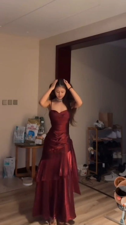 Elegant Mermaid Spaghetti Straps Burgundy Long Prom Dresses Inspiration Trending Evening Gowns Formal Party Prom Dress B352