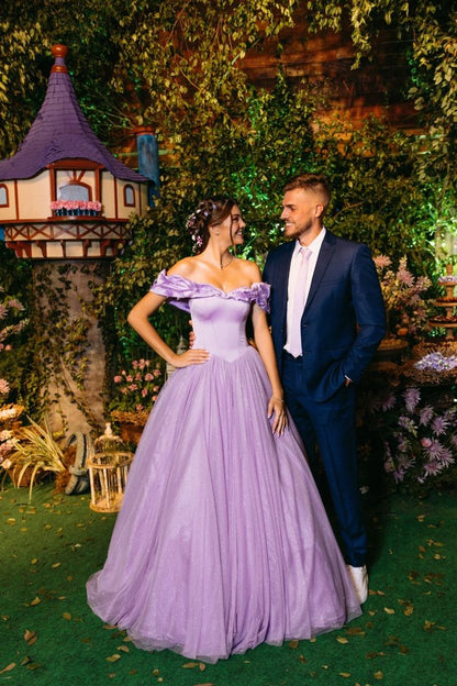 Elegant Ball Gown Off The Shoulder Lilac Tulle Long Prom Dresses Inspiration Trending Evening Gowns Formal Prom Dress B373