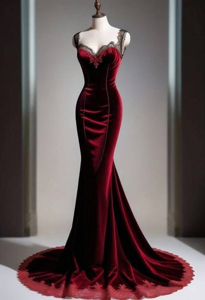 Elegant Mermaid Sweetheart Burgundy Black Lace Long Prom Dresses Inspiration Trending Evening Gowns Formal Party Prom Dress B375