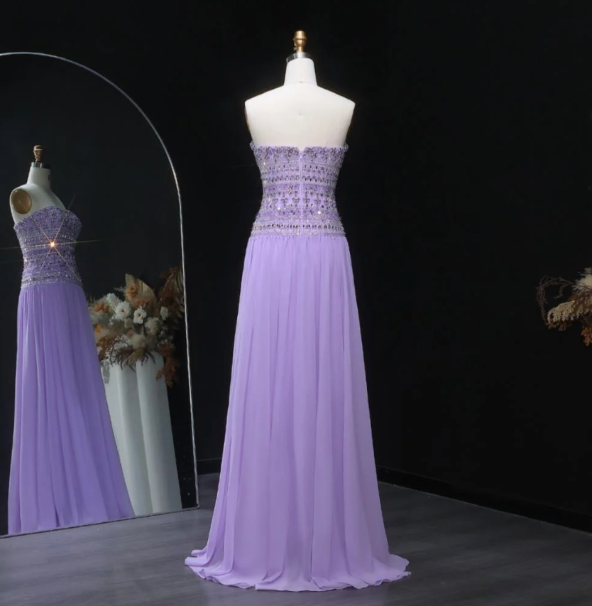 Elegant A line Strapless Lilac Chiffon Silver Beads Long Prom Dresses Inspiration Trending Evening Gowns Formal Party Prom Dress B376