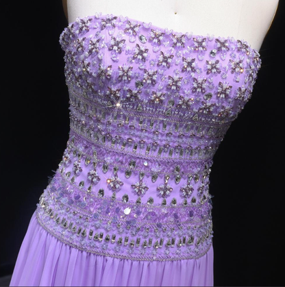 Elegant A line Strapless Lilac Chiffon Silver Beads Long Prom Dresses Inspiration Trending Evening Gowns Formal Party Prom Dress B376