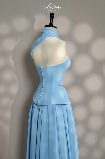 Elegant A line Strapless Blue Evening Dress Women Party Long Formal Dresses Prom 16 Birthday Party Ladies Gown AB1222