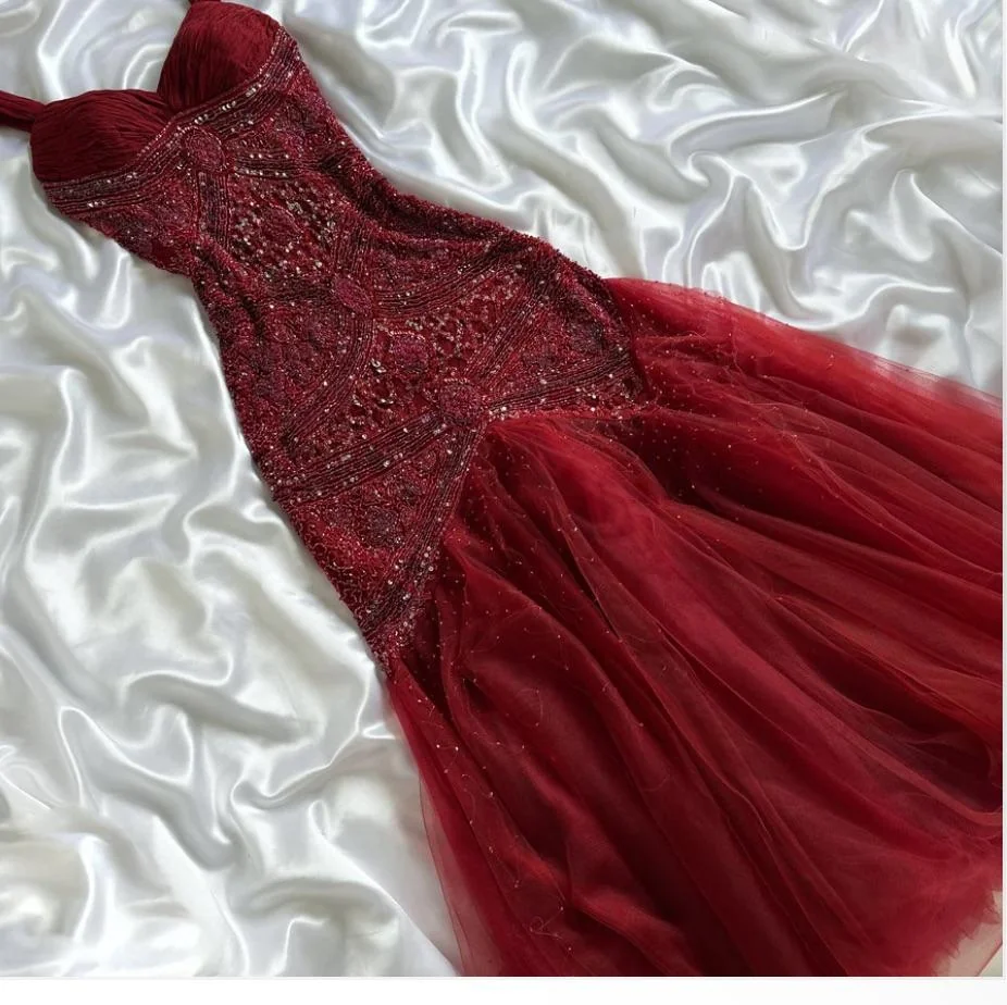 Modest Mermaid Sweetheart Burgundy Tulle With Beads For Women Party Dress Long Formal Prom Dresses 22th Birthday Outfits AB1363