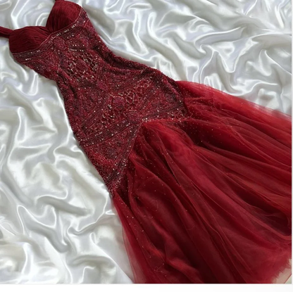 Modest Mermaid Sweetheart Burgundy Tulle With Beads For Women Party Dress Long Formal Prom Dresses 22th Birthday Outfits AB1363